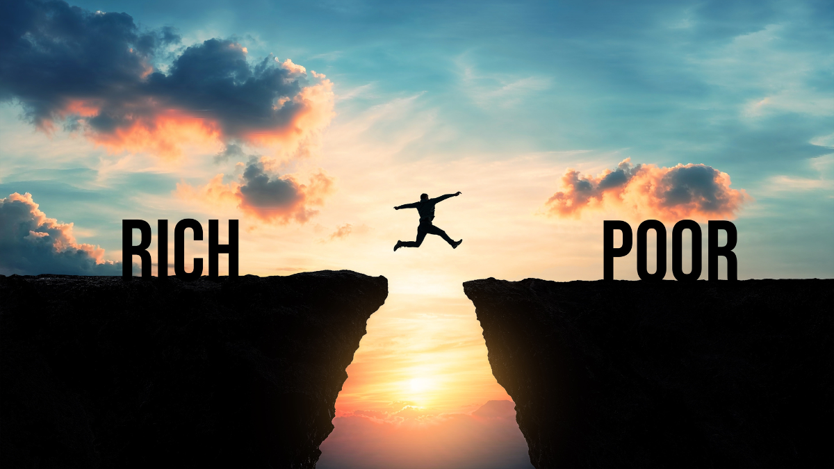 Silhouette of a person jumping from rich to poor over a gap between cliffs at sunset, financial success and struggle concept, wealth transition, economic disparity, money management, taking risks.
