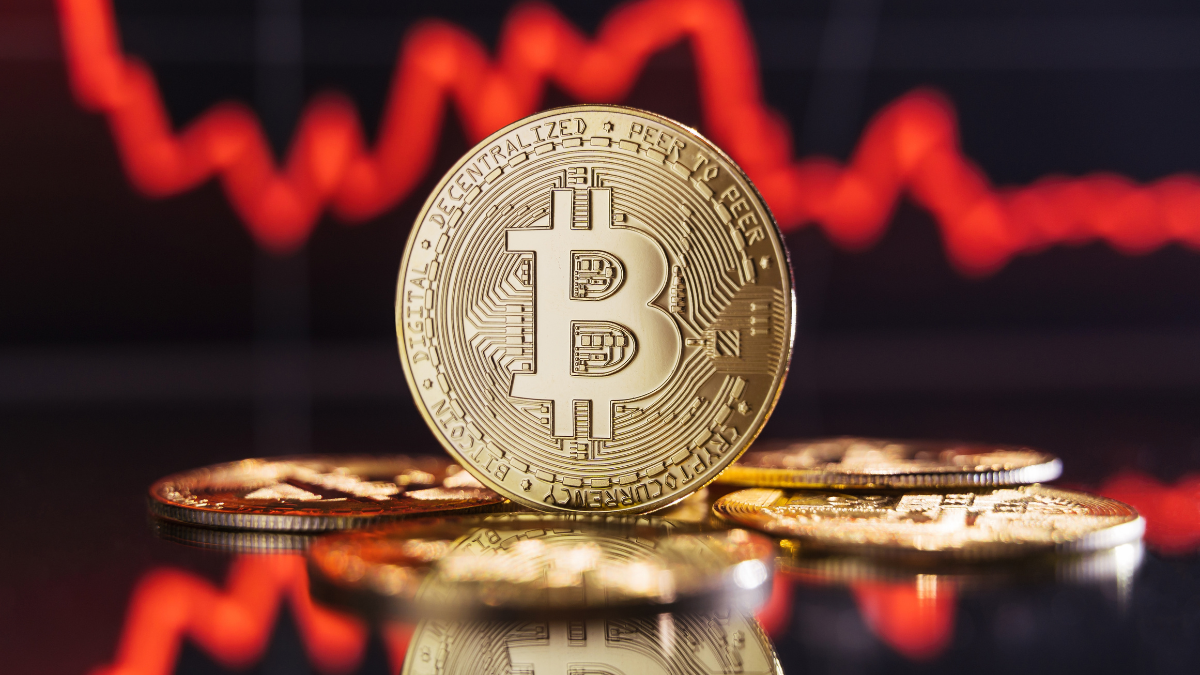 Global recession. Financial crisis. Image of golden bitcoin rising among piles of other crypto coins on digital background of chart with sole thick red line representing crash of crypto trading market crypto arbitrage.