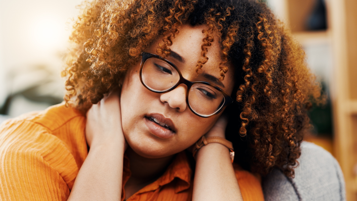 Stress, tired and neck pain with woman in home for frustrated, exhausted and debt crisis. Anxiety, fatigue and brain fog with person in living room of apartment for mistake, worry and burnout. get out of debt.
