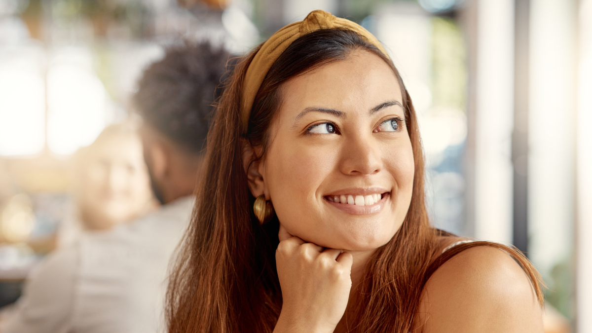 how to save money, Woman, relax and thinking in restaurant with smile, wellness and planning future on weekend break. Happy, female person and customer in diner with reflection, peace and remember memory for nostalgia.