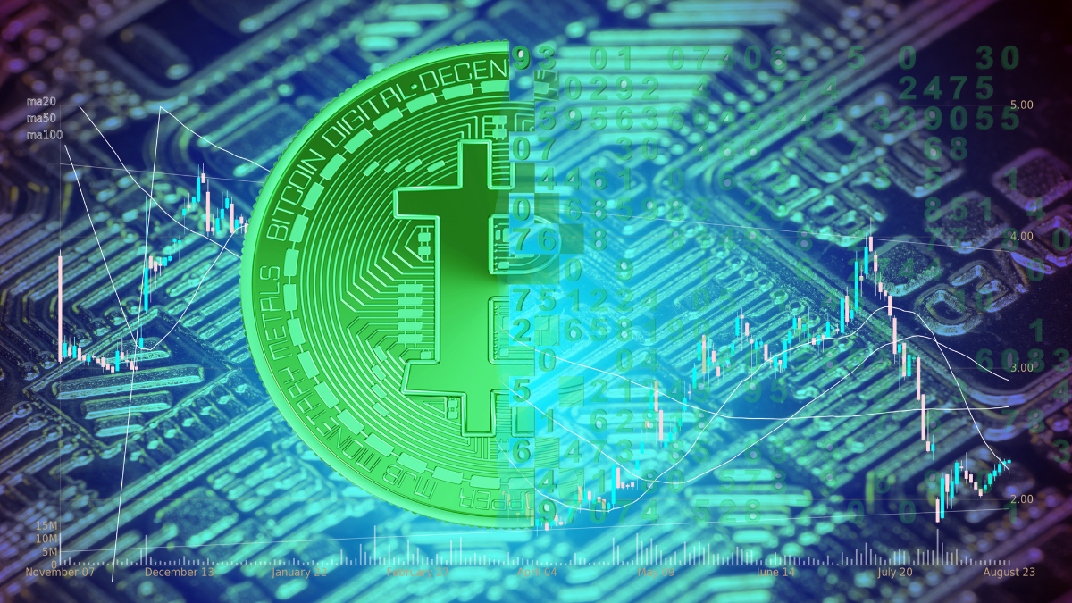 Bitcoins and New Virtual money concept.Gold bitcoins with Candle stick graph chart and digital background.Golden coin with icon letter B.Mining or blockchain technology Mining Cryptocurrency.