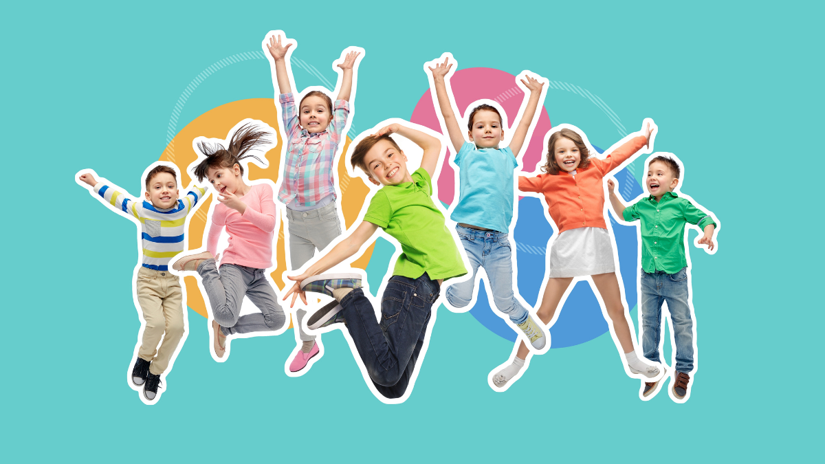 happiness, childhood and people concept - magazine style collage of happy kids jumping in air over blue background free games for kids.