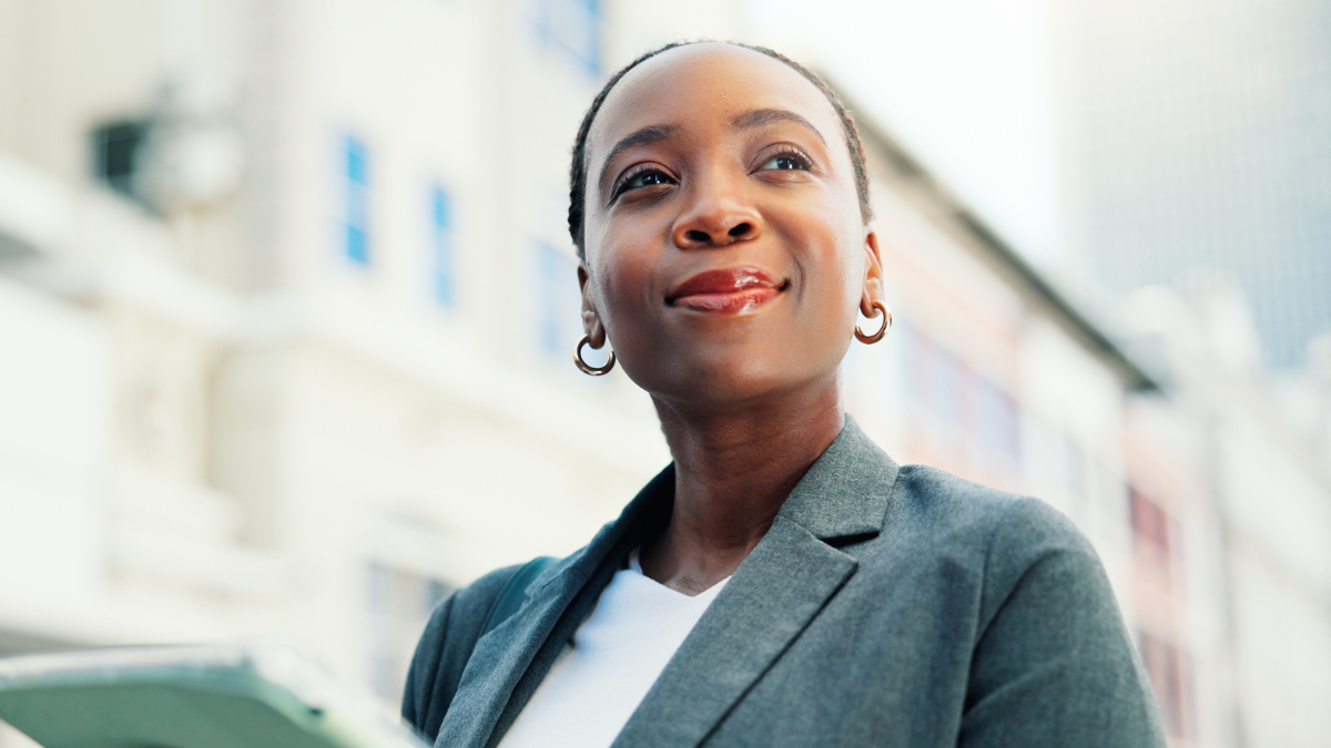 Business, tablet and black woman in city for property investment, thinking and idea. Technology, internet and real estate agent online for urban infrastructure, evaluation and outdoor for commute digital real estate.