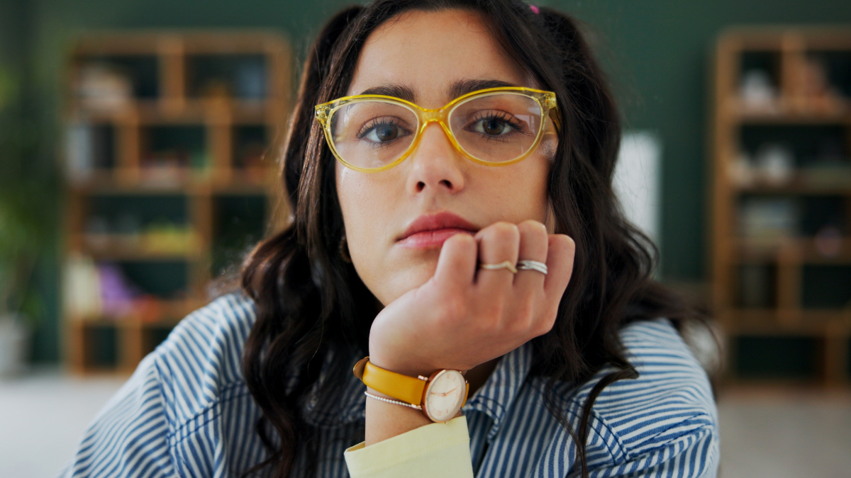 Home, thinking and woman with portrait, college student or planning for assignment. School project, university or person with glasses, problem solving or phd research with solution, ideas or learning How To Save Money in College.