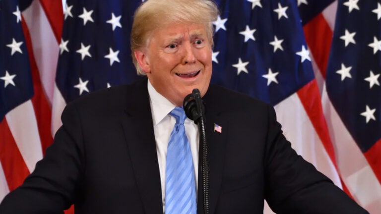 NEW YORK, NY - SEPTEMBER 26, 2018: President Donald Trump gestures to emphasize an issue at a press conference held at the Lotte Palace Hotel in the Villard Room..