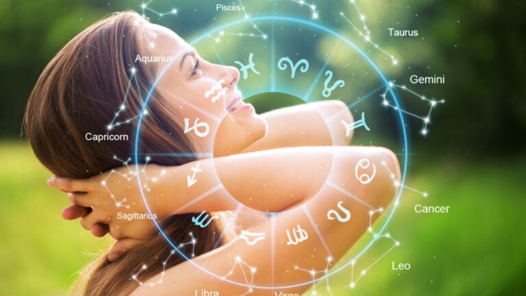 Horoscope astrology zodiac illustration with young woman.