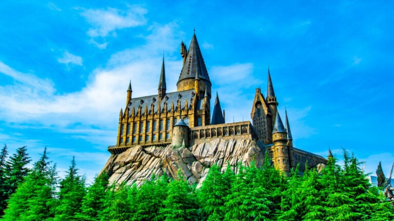 OSAKA, JAPAN - AUGUST 12, 2018: Photo of Hogwarts Castle. The Wizarding World of Harry Potter in Universal Studios Japan. Universal Studios Japan is a fun and famous theme park in Osaka, Japan.