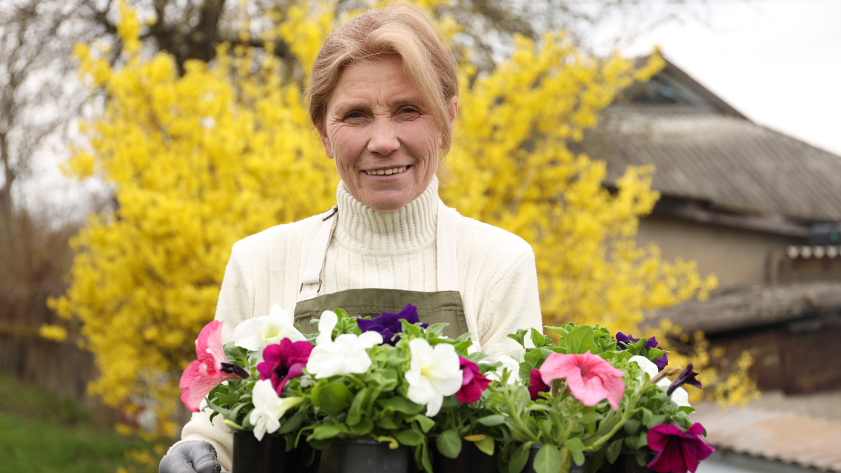 Planting seedlings. Senior woman with beautiful potted flowers outdoors. Classic Frugal Tips That Are Now Obsolete.