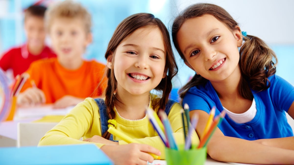 Portrait of two diligent girls looking at camera at workplace with schoolboys on background.
