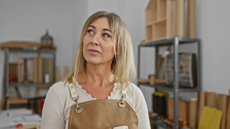Caucasian blonde woman in apron looking away in a well-organized workshop.