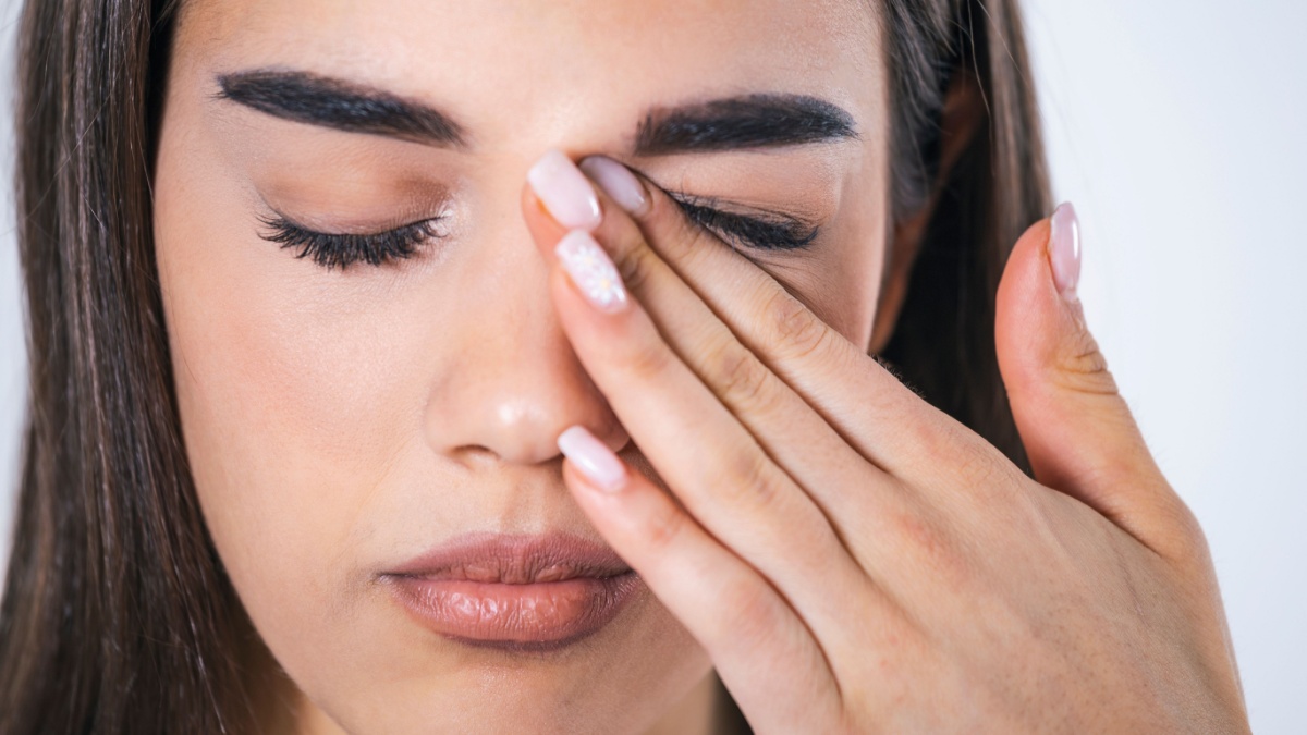 Don't Touch Your Face. Girl rubbing her eye with dirty hands.Precautions, Avoid Touching Your Eyes. Woman rubbing her eye.