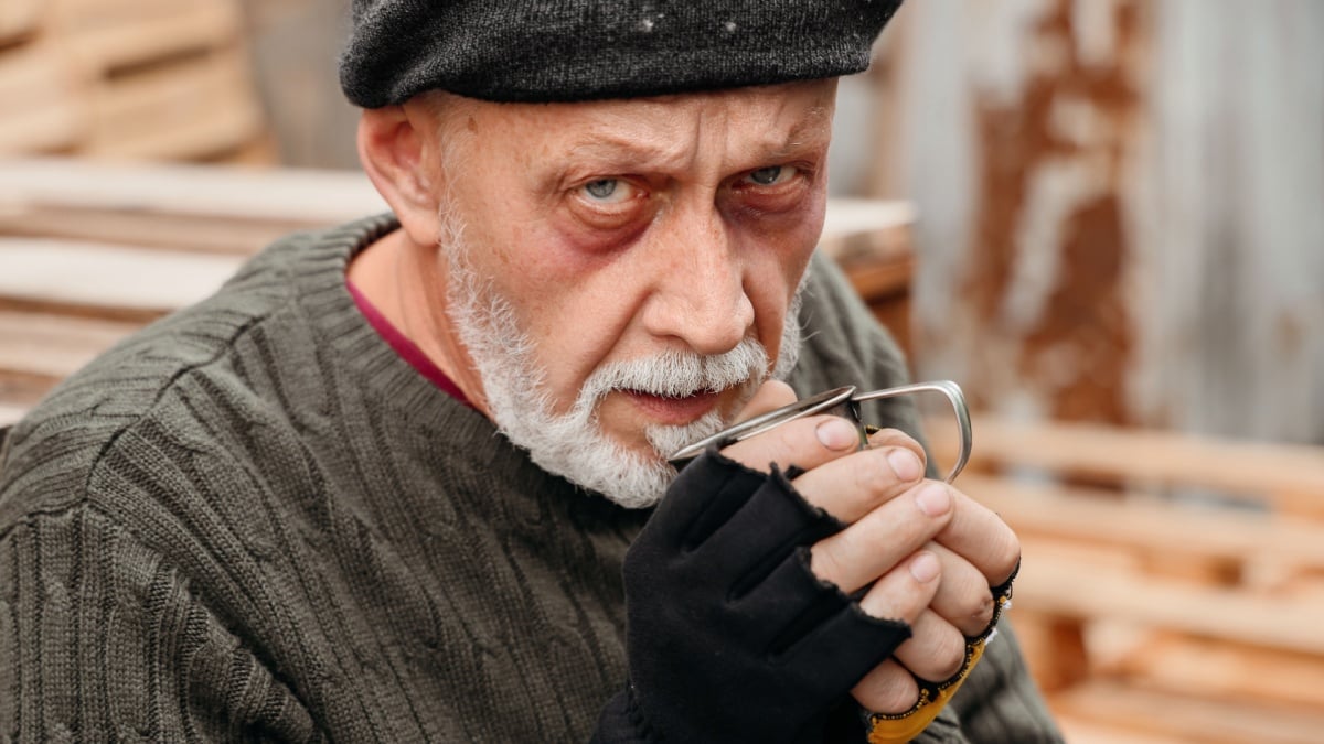 Mature homeless man with cup on street, closeup.