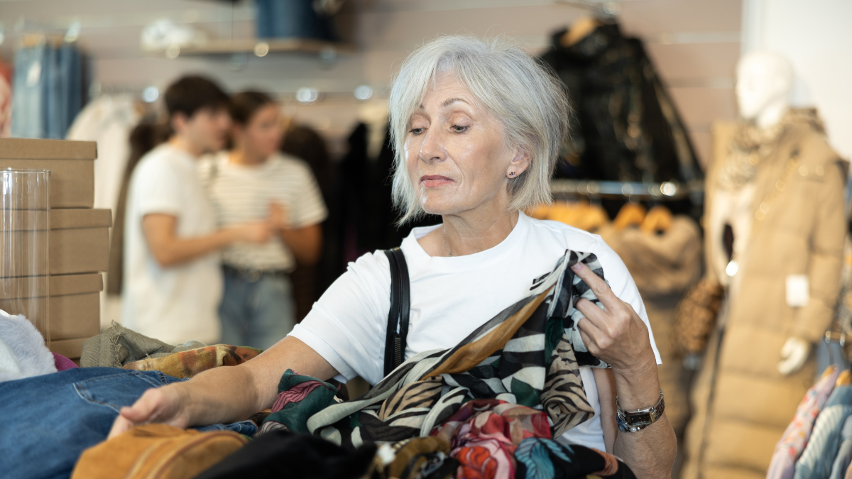 In thrift store, she carefully selects secondhand garment that speaks to her style.