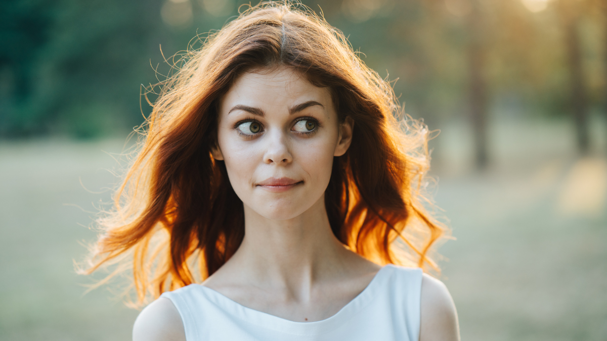 Surprised woman in a park in a white dress.
