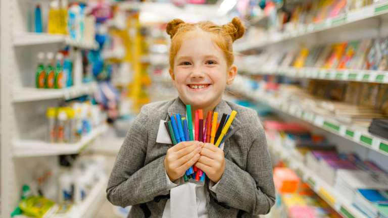 School girl holds markers, stationery store.