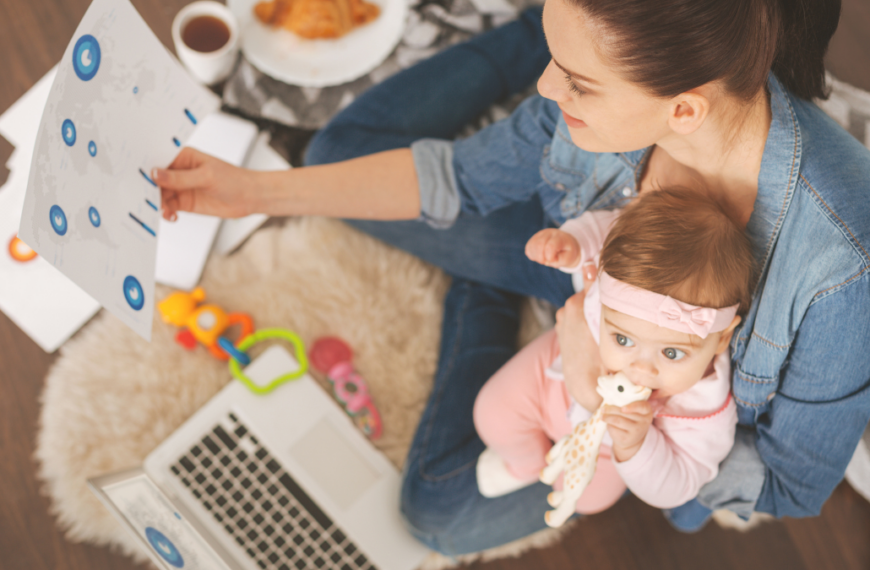 Top view photo of single mom working at home.