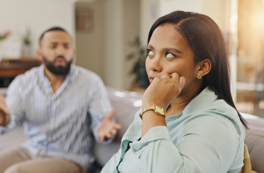 Woman, frustration and couple fighting in home, roll eyes and argument on toxic relationship.