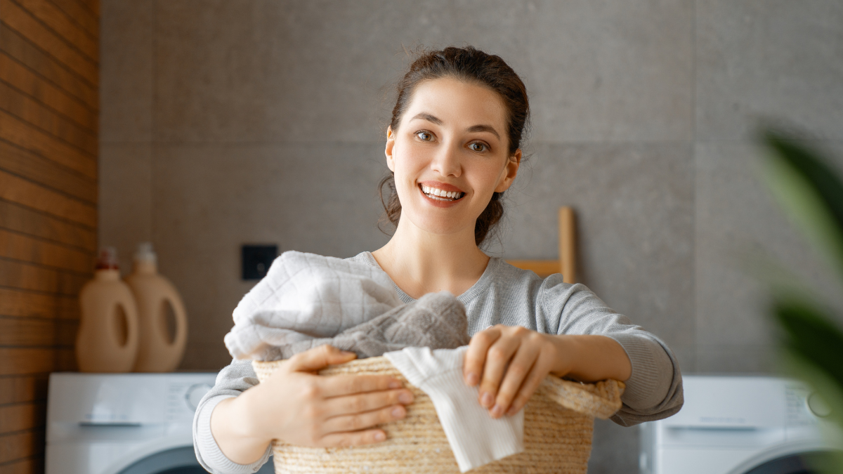 woman doing laundry.