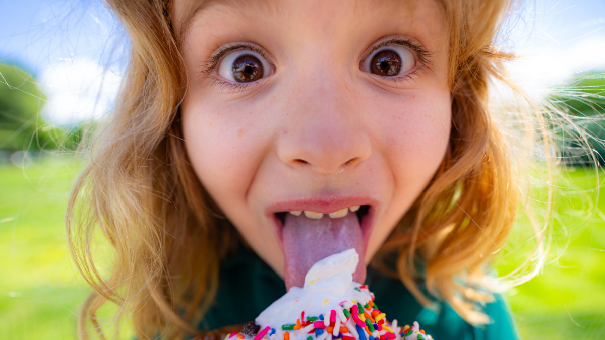 Summer kids face. Child eating ice cream. Summer sweets. Kid licking ice cream cone in summer park. Little funny boy face with ice-cream close-up. Cute boy enjoying ice cream. Kids fun face. Fun Things To Do In The Summer With Kids.