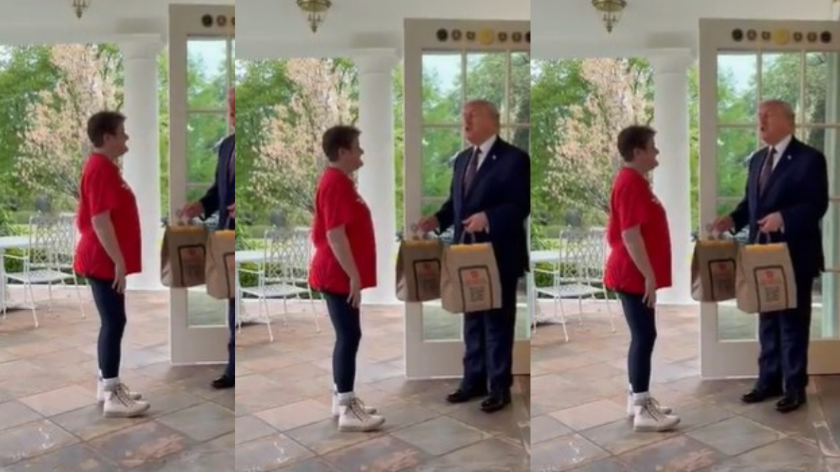 screenshot of Donald Trump accepting an order from DoorDash Grandma.