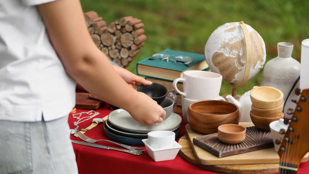 Woman holding beautiful bowls near table with different items on garage sale, closeup. Best Places To Sell Your Antiques, Vintage Finds, and Collectibles.