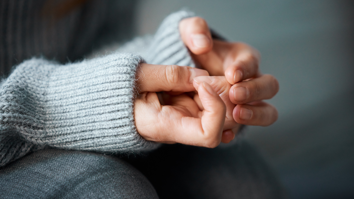 Stress, anxiety and hands of nervous person with worry, fear or abuse in closeup, home or danger. Depression, lonely and scared victim with phobia, mistake or emotional crisis with gesture or trauma fear of spending.